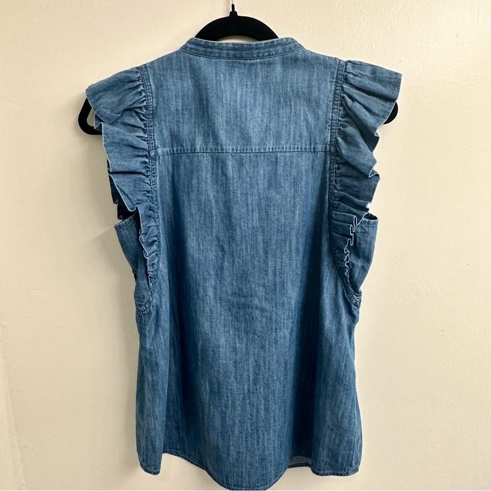 Express Denim Flutter Blue Ruffle Sleeve Button Up Blouse Sz S - Picture 7 of 13